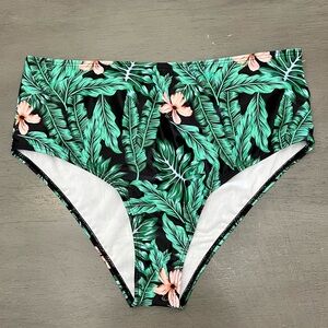 NEW Bright Green Light Pink Hibiscus Tropical Print High Waist Bikini Bottoms M